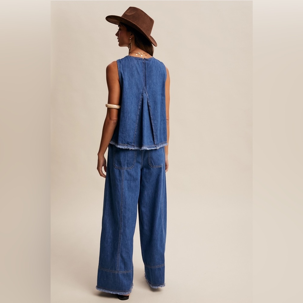 Listicle Lg Blue Denim Wide-Leg Jumpsuit Romper - Picture 4 of 4